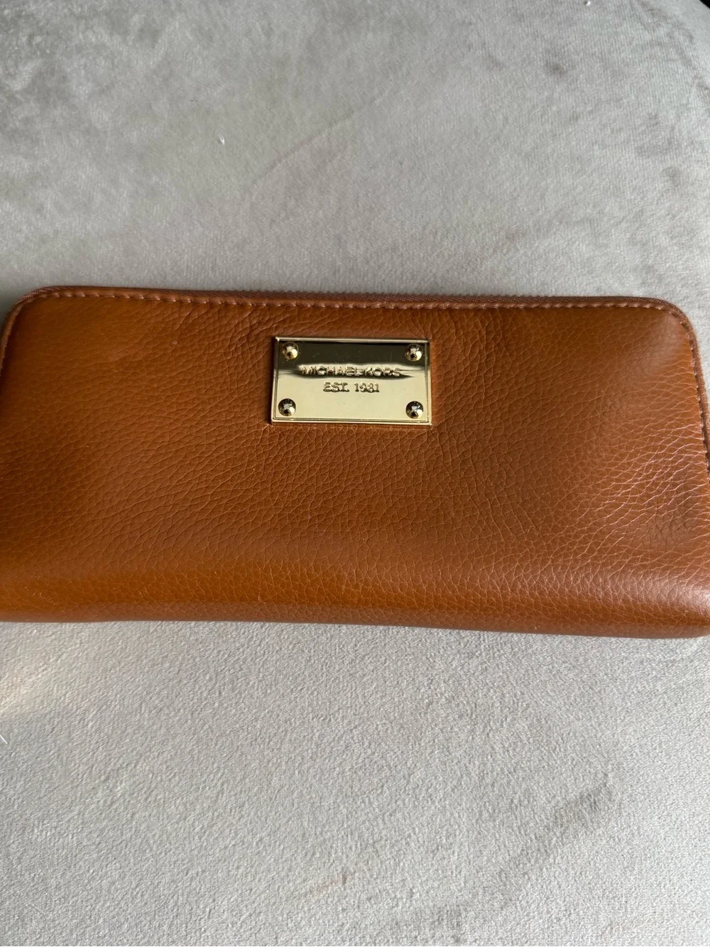 Michael Kors Cognac Leather Zip-Around Wallet with Gold Plaque